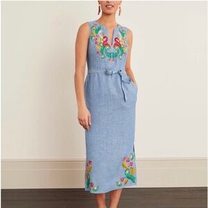 Boden linen Cora Chambray floral, swan embroidered midi dress, 6R